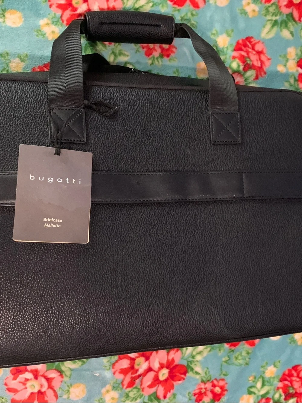 Bugatti Black Leather Briefcase Laptop Carry on Bag With Bakelite Logo